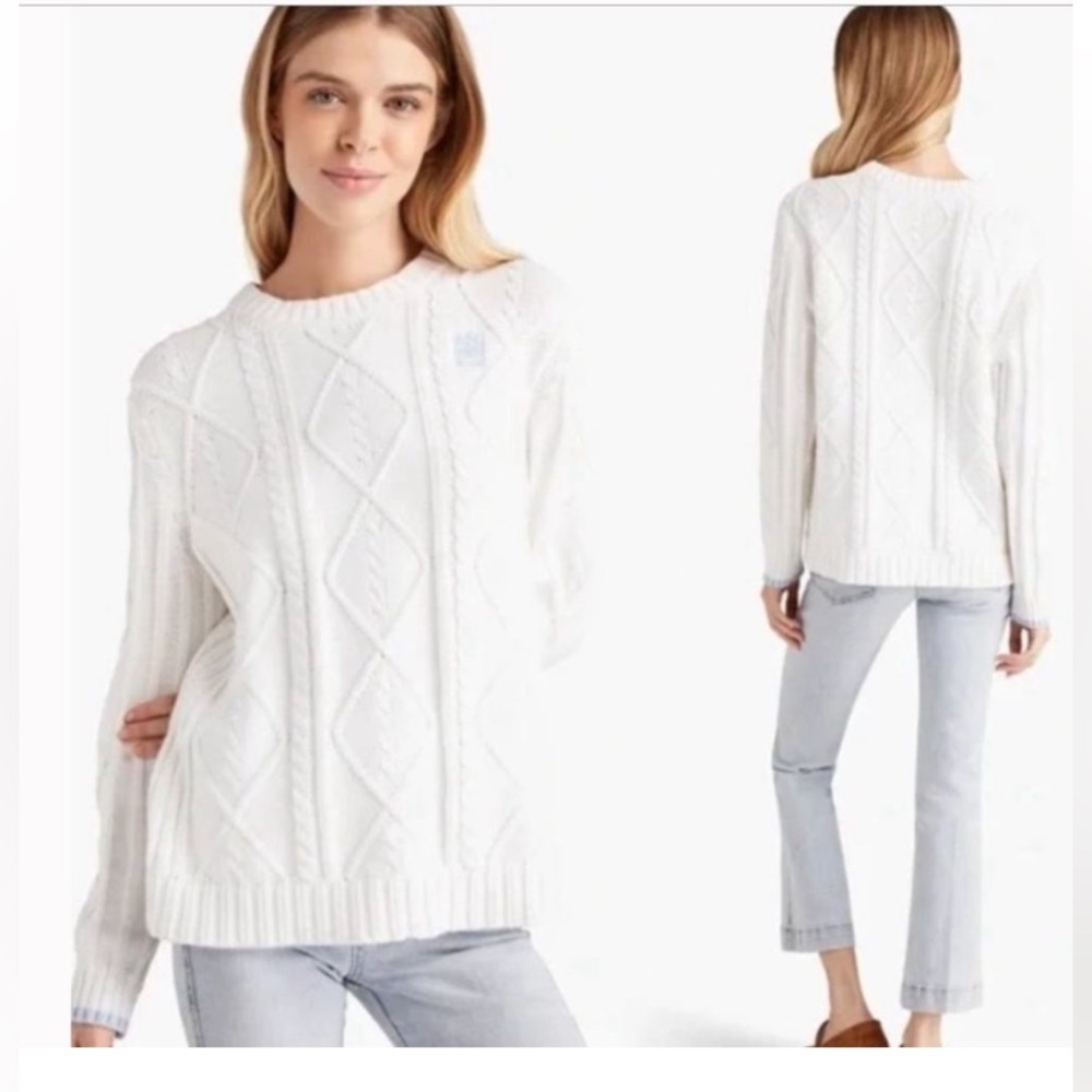 Hill House Ivory Blue Aran Fisherman Cotton Chunky Knit Summer Sweater Crew Med